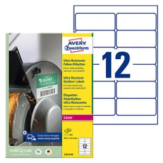 Avery Zweckform címkék 99,1 mm × 42,3 mm, A4, fehér, 12 címke, rendkívül strapabíró, 40 darabos csomagolásban, L7913-40, lézernyomtatókhoz és