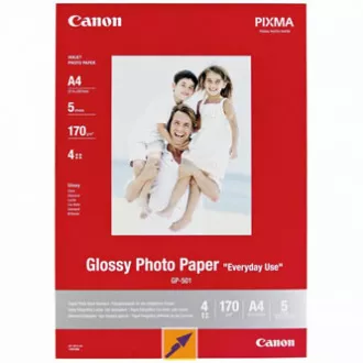 Canon fényes fotópapír, GP-501, fotópapír, fényes, GP-501 típus 0775B076, fehér, 21x29,7cm, A4, 200 g/m2, 5 db, tintasugaras papír
