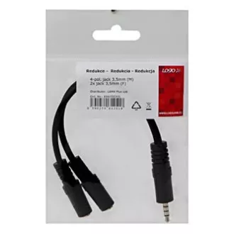 Audió redukció, Jack (3,5 mm) hím 4 pólusú - 2x Jack (3,5 mm) női, 0,2 m, sztereó, fekete, Logo