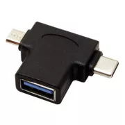USB reduktor, (2.0), USB A csatlakozó - microUSB csatlakozó   USB C csatlakozó, fekete, műanyag táska OTG