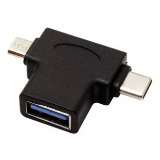 USB reduktor, (2.0), USB A csatlakozó - microUSB csatlakozó   USB C csatlakozó, fekete, műanyag táska OTG