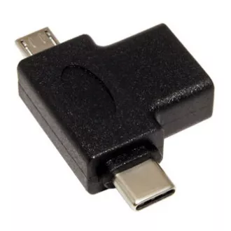 USB reduktor, (2.0), USB A csatlakozó - microUSB csatlakozó   USB C csatlakozó, fekete, műanyag táska OTG