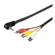 Audio/Video kábel Jack (3.5mm) hím - 3x CINCH hím, 1.5m, 4 pólusú jack 90&deg;, fekete, Logo buborékcsomagolásban