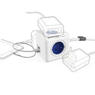 230V-os hosszabbító kábel, CEE7 (villa) - POWERCUBE, 1,5m, EXTENDED USB, kék, POWERCUBE, 4 aljzat, 2xUSB port, gyermekbiztos