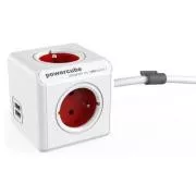 Hosszabbító kábel 230V, CEE7 (villa) - POWERCUBE, 1,5m, EXTENDED USB, piros, POWERCUBE, 4 aljzat, 2xUSB port, gyermek p