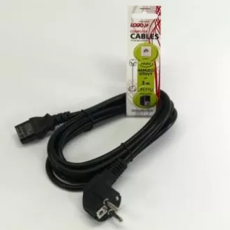 230V hálózati kábel, CEE7 (villás) - C13, 3m, VDE jóváhagyva, fekete, Logo