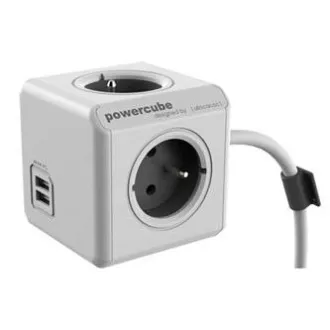 230V hálózati hosszabbító kábel, CEE7 (villa) - POWERCUBE, 3m, EXTENDED USB, szürke, POWERCUBE, 4 aljzat, gyermek biztosítékok