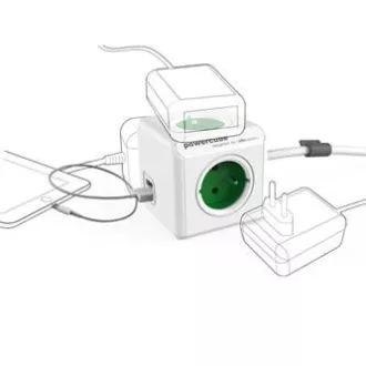 230V hálózati hosszabbító kábel, CEE7 (villa) - POWERCUBE, 3m, EXTENDED USB, szürke, POWERCUBE, 4 aljzat, gyermek biztosítékok