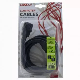 230V-os hálózati hosszabbító kábel, C13 - C14, 3m, VDE jóváhagyva, fekete, logo, buborékcsomagolásban