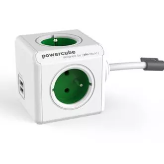 230V-os hosszabbító kábel, CEE7 (villa) - POWERCUBE, 1,5m, EXTENDED USB, zöld, POWERCUBE, 4 aljzat, 2xUSB port, gyermekbiztos