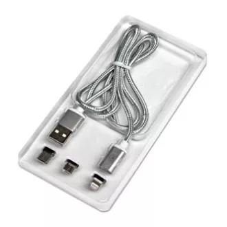 USB kábel csatlakozókkal (2.0), USB A hím - microUSB hím   Apple Lightning hím   USB C hím, 1m, kerek, fonott, ezüst,
