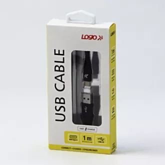 Logo USB kábel (2.0), USB A hím - USB C hím, 1m, 480 Mbps, 5V/3A, fekete, doboz, nejlonfonat, alumínium csatlakozóburkolat