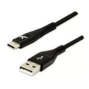 Logo USB kábel (2.0), USB A hím - USB C hím, 2m, 480 Mbps, 5V/3A, fekete, doboz, nejlonfonat, alumínium csatlakozóburkolat