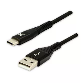 Logo USB kábel (2.0), USB A hím - USB C hím, 2m, 480 Mbps, 5V/3A, fekete, doboz, nejlonfonat, alumínium csatlakozóburkolat