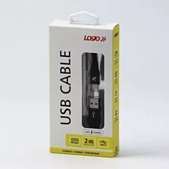 Logo USB kábel (2.0), USB A hím - USB C hím, 2m, 480 Mbps, 5V/3A, fekete, doboz, nejlonfonat, alumínium csatlakozóburkolat