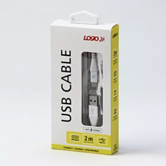 Logo USB kábel (2.0), USB A hím - USB C hím, 2m, 480 Mbps, 5V/3A, fehér, doboz, nejlonfonat, alumínium csatlakozóburkolat