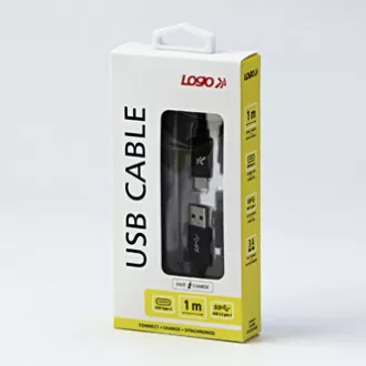 Logo USB kábel (3.2 gen 1), USB A hím - USB C hím, 1m, 5 Gbps, 5V/3A, fekete, doboz, nejlonfonat, alumínium csatlakozóburkolat