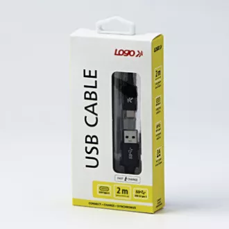 Logo USB kábel (3.2 gen 1), USB A hím - USB C hím, 2m, 5 Gbps, 5V/3A, fekete, doboz, nejlonfonat, alumínium csatlakozóburkolat