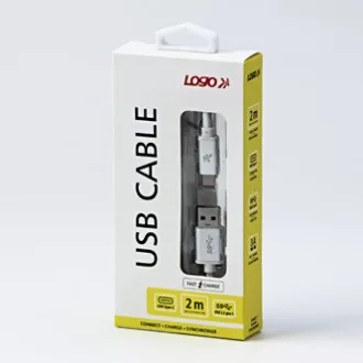 Logo USB kábel (3.2 gen 1), USB A hím - USB C hím, 2m, 5 Gbps, 5V/3A, fehér, doboz, nejlonfonat, alumínium csatlakozóburkolat