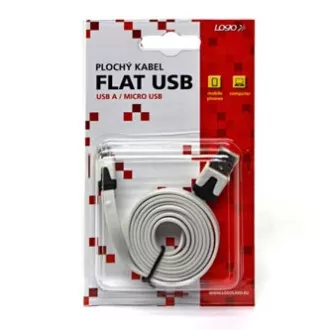 Logo USB kábel (2.0), USB A csatlakozó - microUSB csatlakozó, 1m, lapos, fehér, buborékcsomagolás, ELADÓ