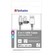 Verbatim USB kábel (2.0), USB A csatlakozó - microUSB csatlakozó   Apple Lightning csatlakozó, 1m, ezüst, doboz, 48869, 2 az 1-ben - állítható
