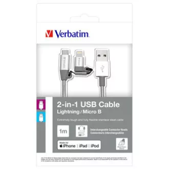 Verbatim USB kábel (2.0), USB A csatlakozó - microUSB csatlakozó   Apple Lightning csatlakozó, 1m, ezüst, doboz, 48869, 2 az 1-ben - állítható