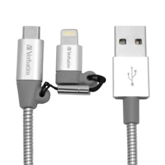 Verbatim USB kábel (2.0), USB A csatlakozó - microUSB csatlakozó   Apple Lightning csatlakozó, 1m, ezüst, doboz, 48869, 2 az 1-ben - állítható