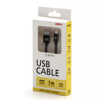 Logo USB kábel (2.0), USB A hím - microUSB hím, 1m, 480 Mbps, 5V/2A, fekete, doboz, nejlonfonat, alumínium csatlakozóburkolat