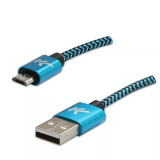 Logo USB kábel (2.0), USB A hím - microUSB hím, 1m, 480 Mbps, 5V/2A, kék, doboz, nejlonfonat, alumínium csatlakozóburkolat
