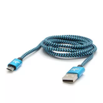Logo USB kábel (2.0), USB A hím - microUSB hím, 1m, 480 Mbps, 5V/2A, kék, doboz, nejlonfonat, alumínium csatlakozóburkolat