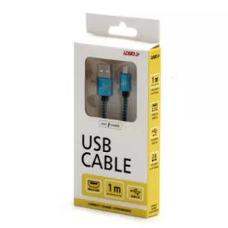 Logo USB kábel (2.0), USB A hím - microUSB hím, 1m, 480 Mbps, 5V/2A, kék, doboz, nejlonfonat, alumínium csatlakozóburkolat
