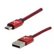 Logo USB kábel (2.0), USB A hím - microUSB hím, 1m, 480 Mbps, 5V/2A, piros, doboz, nejlonfonat, alumínium csatlakozóburkolat