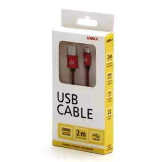 Logo USB kábel (2.0), USB A hím - microUSB hím, 1m, 480 Mbps, 5V/2A, piros, doboz, nejlonfonat, alumínium csatlakozóburkolat