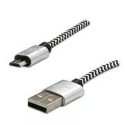 Logo USB kábel (2.0), USB A hím - microUSB hím, 1m, 480 Mbps, 5V/2A, ezüst, doboz, nejlonfonat, alumínium zárókupakkal