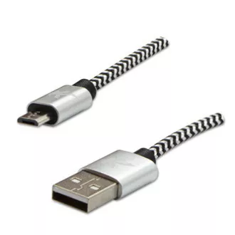 Logo USB kábel (2.0), USB A hím - microUSB hím, 1m, 480 Mbps, 5V/2A, ezüst, doboz, nejlonfonat, alumínium zárókupakkal