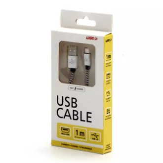 Logo USB kábel (2.0), USB A hím - microUSB hím, 1m, 480 Mbps, 5V/2A, ezüst, doboz, nejlonfonat, alumínium zárókupakkal