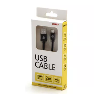 Logo USB kábel (2.0), USB A hím - microUSB hím, 2m, 480 Mbps, 5V/1A, fekete, doboz, nejlonfonat, alumínium csatlakozóburkolat