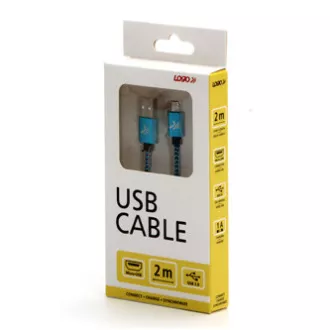 Logo USB kábel (2.0), USB A hím - microUSB hím, 2m, 480 Mbps, 5V/1A, kék, doboz, nejlonfonat, alumínium csatlakozóburkolat