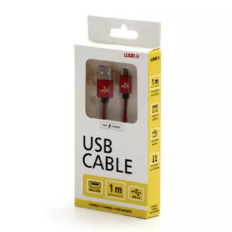 Logo USB kábel (2.0), USB A hím - microUSB hím, 2m, 480 Mbps, 5V/1A, piros, doboz, nejlonfonat, alumínium csatlakozóburkolat