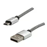 Logo USB kábel (2.0), USB A hím - microUSB hím, 2m, 480 Mbps, 5V/1A, ezüst, doboz, nejlonfonat, alumínium zárókupakkal