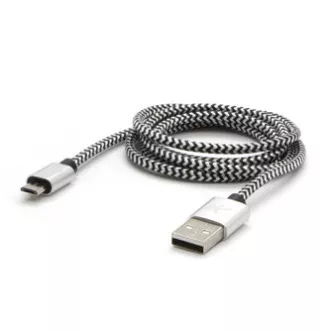 Logo USB kábel (2.0), USB A hím - microUSB hím, 2m, 480 Mbps, 5V/1A, ezüst, doboz, nejlonfonat, alumínium zárókupakkal