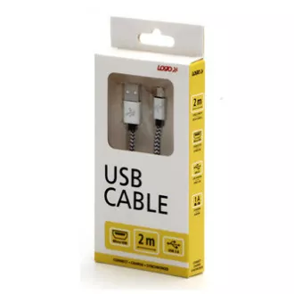 Logo USB kábel (2.0), USB A hím - microUSB hím, 2m, 480 Mbps, 5V/1A, ezüst, doboz, nejlonfonat, alumínium zárókupakkal