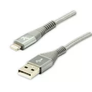Logo USB kábel (2.0), USB A hím - Apple Lightning hím, 1m, MFi tanúsítás, 5V/2.4A, ezüst, doboz, nejlonfonat, hli