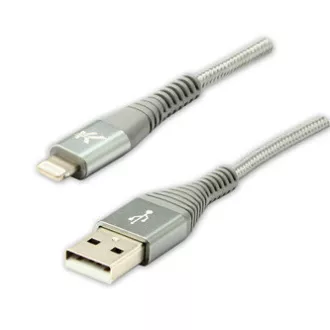 Logo USB kábel (2.0), USB A hím - Apple Lightning hím, 2m, MFi tanúsítás, 5V/2.4A, ezüst, doboz, nejlonfonat, hli