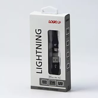 Logo USB kábel (2.0), USB A hím - Apple Lightning hím, 2m, MFi tanúsítás, 5V/2.4A, fekete, doboz, nejlonfonat, alumínium