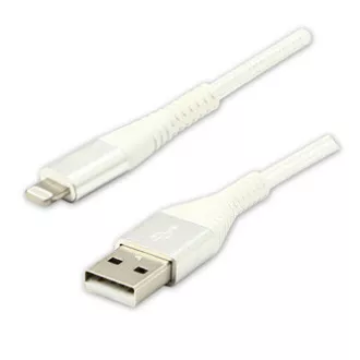 Logo USB kábel (2.0), USB A hím - Apple Lightning hím, 2m, MFi tanúsítás, 5V/2.4A, fehér, doboz, nejlon fonott, alumínium
