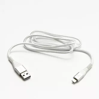 Logo USB kábel (2.0), USB A hím - Apple Lightning hím, 2m, MFi tanúsítás, 5V/2.4A, fehér, doboz, nejlon fonott, alumínium