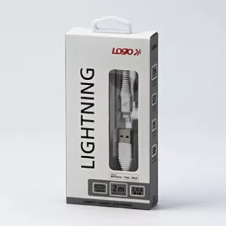 Logo USB kábel (2.0), USB A hím - Apple Lightning hím, 2m, MFi tanúsítás, 5V/2.4A, fehér, doboz, nejlon fonott, alumínium