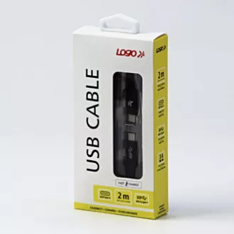 Logo USB kábel (3.2 gen 1), USB C hím - USB C hím, 2m, 5 Gbps, 5V/3A, fekete, doboz, nejlonfonat, alumínium csatlakozóburkolat