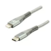 Logo USB kábel (2.0), USB C hím - Apple Lightning hím, 1m, MFi tanúsítás, 5V/3A, ezüst, doboz, nejlonfonat, alumínium